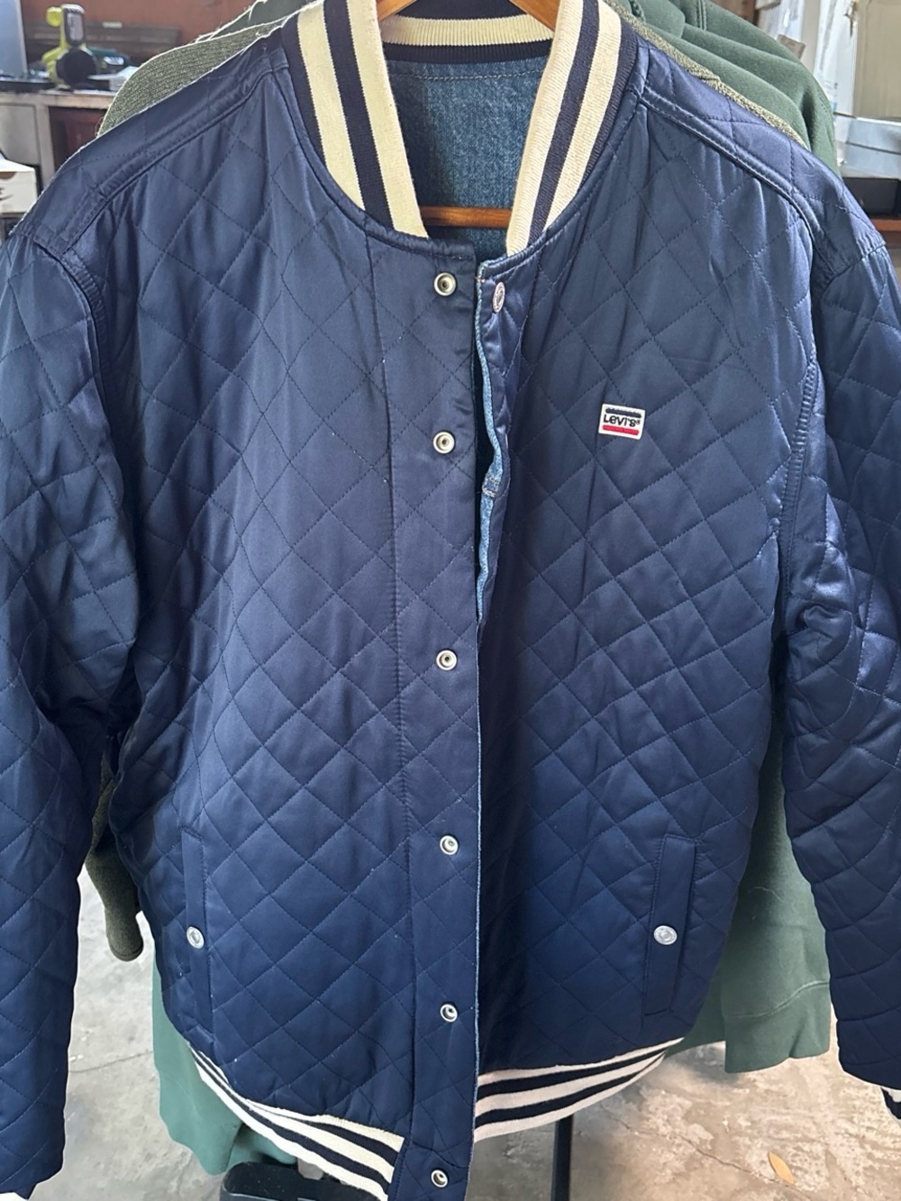 Men's Quilted Navy Bomber Jacket with Striped Hem